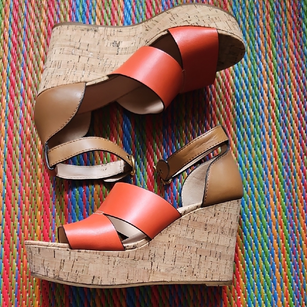 Coach Isla Wedge Cork Platform Sandals Orange and Tan Leather
